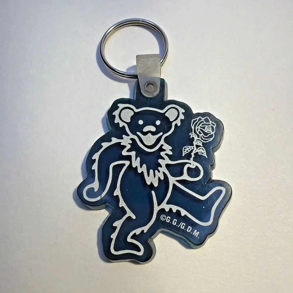 Vintage Grateful Dead Dancing Bear Keychain Blue Rubber PVC GDM Rose Owsley Bear